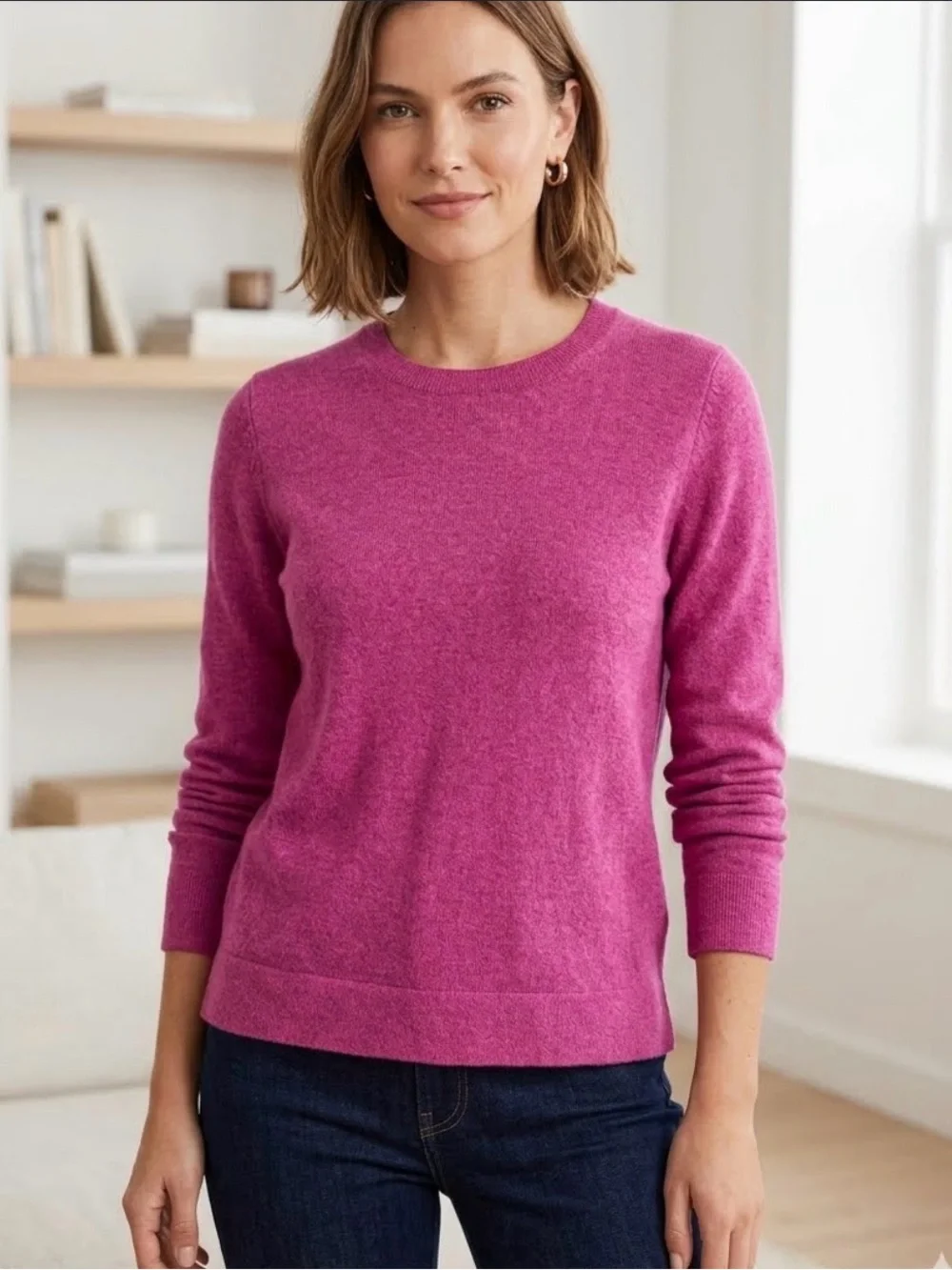 J.Crew Teddie Crewneck Cotton Wool Blend Sweater Fuchsia Pink | Size M